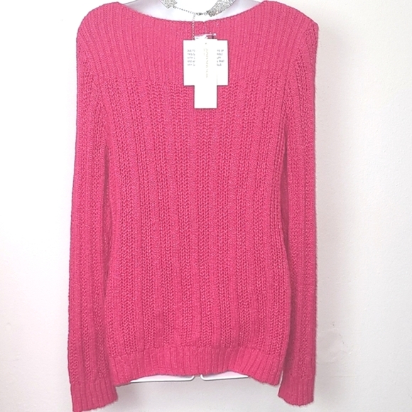 Jones New York Fuchsia Pink Fisherman Sweater L NWT Cotton Cable Knit Aran - Picture 2 of 6